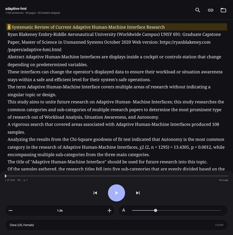 The reader app playing one of Ryan's papers: the title and abstract as sentences, the current sentence highlighted, with play, skip, speed and voice controls below.