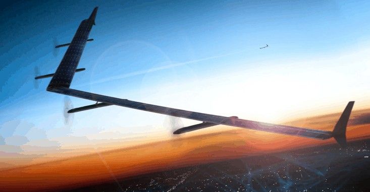 Conceptual rendering of Facebook's solar-powered high-altitude drone: long slender wings covered in photovoltaic panels with propellers along the span, flying above Earth's curved horizon at sunset
