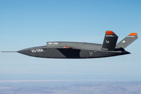 The Kratos XQ-58A Valkyrie unmanned aircraft in flight
