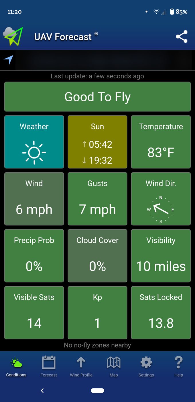 UAV Forecast app showing Good To Fly: 83 degrees, wind 6 mph, gusts 7 mph, 14 visible satellites (location blurred)