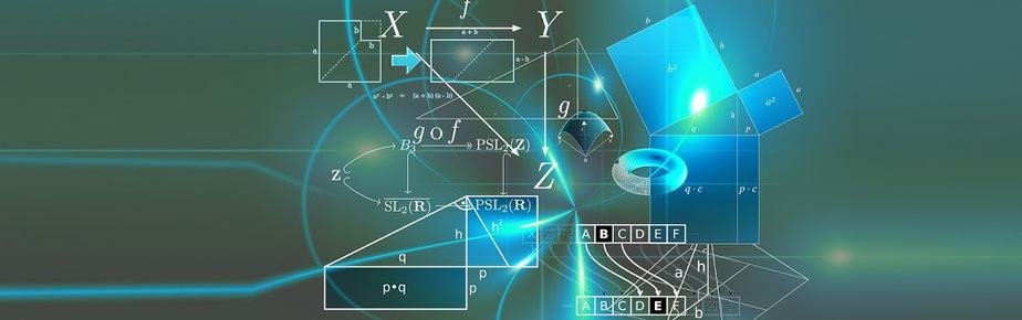 Banner illustration of glowing mathematical diagrams over a teal background with cyan light streaks