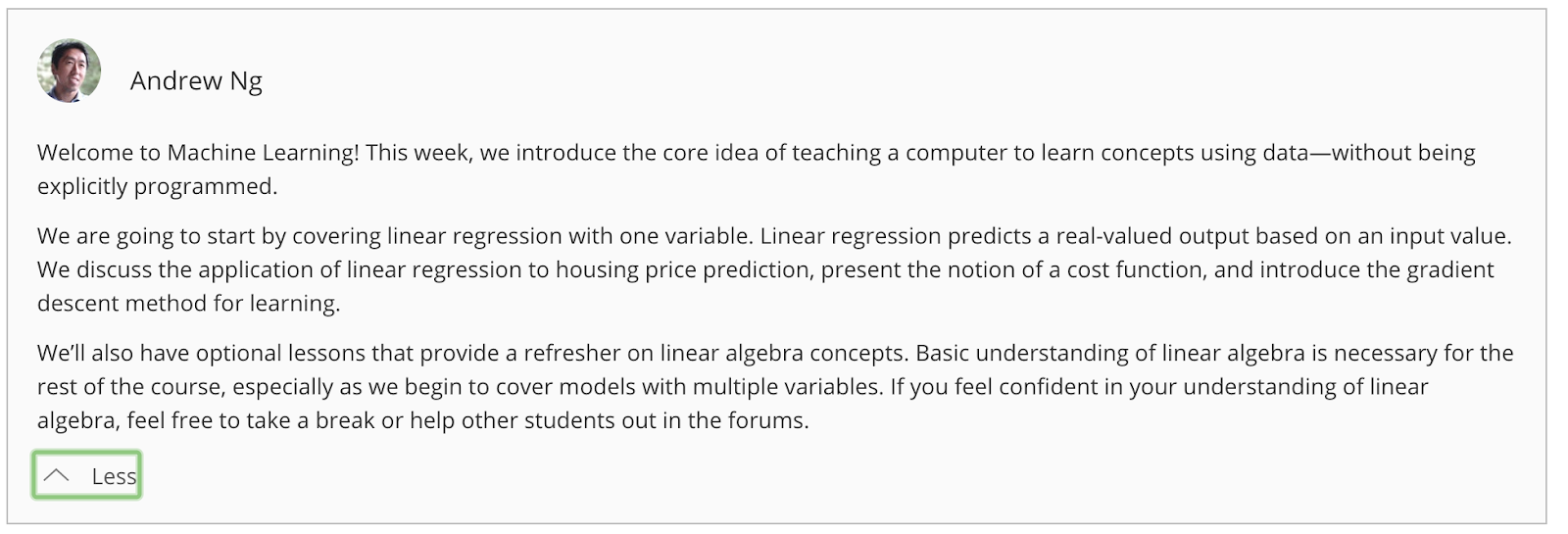 Screenshot of the Coursera Machine Learning course welcome announcement by Andrew Ng covering linear regression, cost functions, and gradient descent