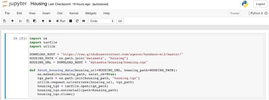Jupyter Notebook screenshot of the Housing notebook showing Python code that downloads and extracts the housing dataset from the handson-ml2 repository