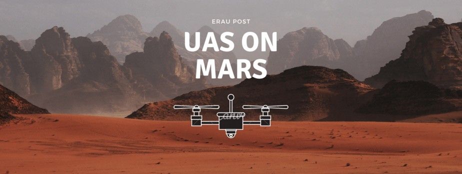 UAS on Mars banner graphic: stylized red Martian landscape with sand dunes and rock formations, white 'UAS ON MARS' title and quadcopter drone line-art